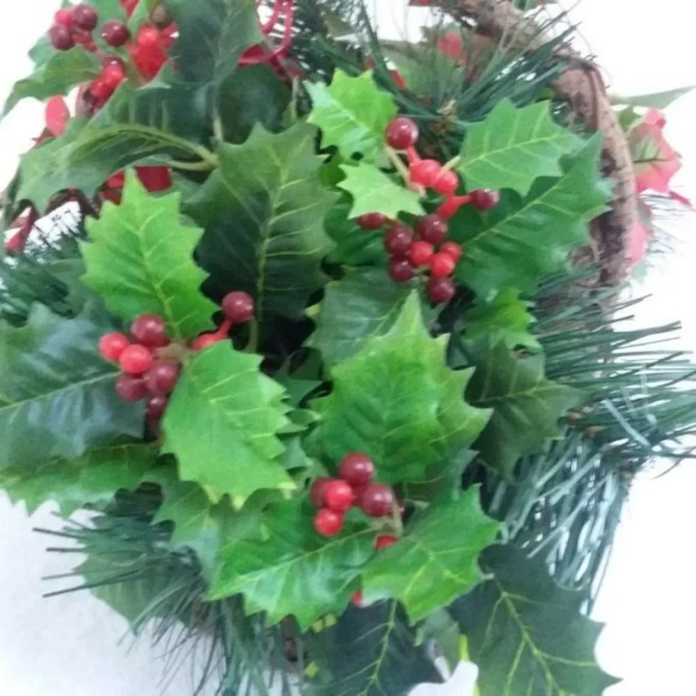 Christmas Grapevine BASKET Poinsettia Holly Berry Evergreen Holiday Décor